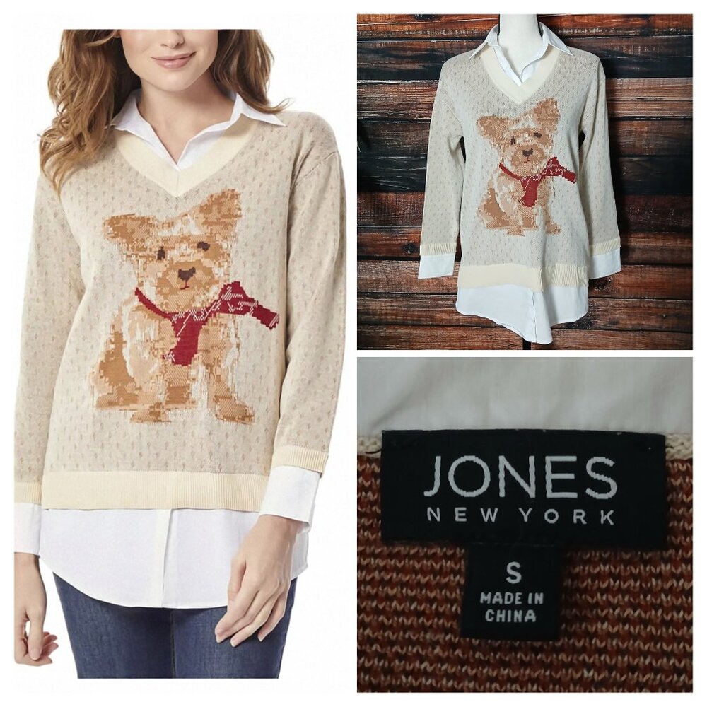 Jones New York Sweater Size S Layered Look Dog Cream Knit